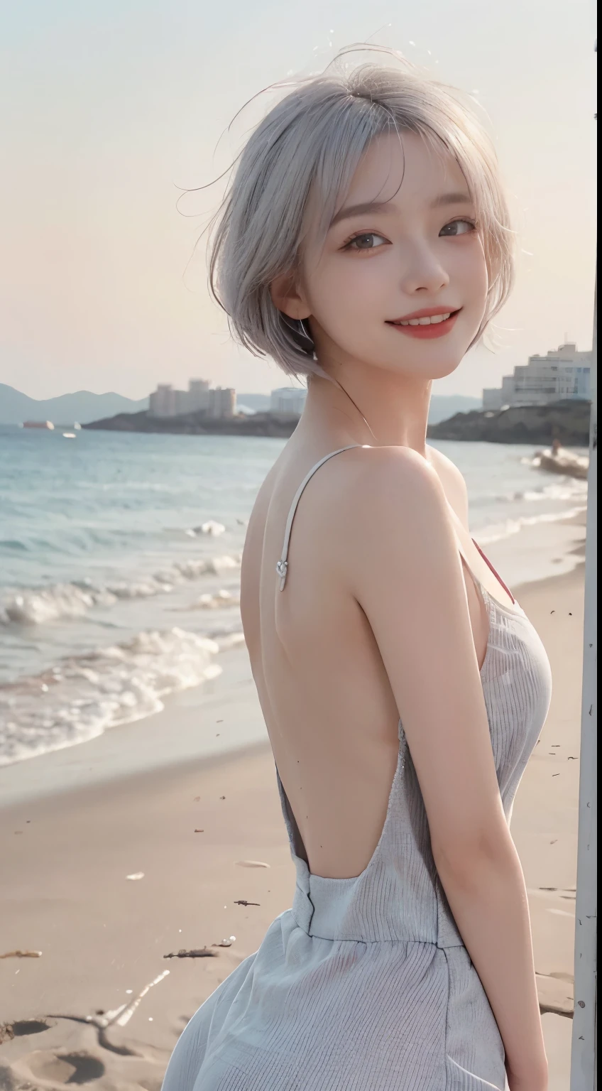 Best image quality、RAW Photos、超A high resolution、21 years old Korean、Small breasts、Dynamic Angle、Cowboy Shot、Chaos in its most beautiful form、elegant、Brutalist Design、Vibrant colors、Beautiful white hair、Short Bob、smile、fun、smile、Glowing White Skin、Beautiful eyes with random colors、Very thin lips、Beautiful eyes in every detail、length, Narrow eyes、Cheeks are pale pink、length eyelashes、Beautiful double eyelids、eye shadow、Bright white hair、Overalls、Sandy Beach、back、turn around
