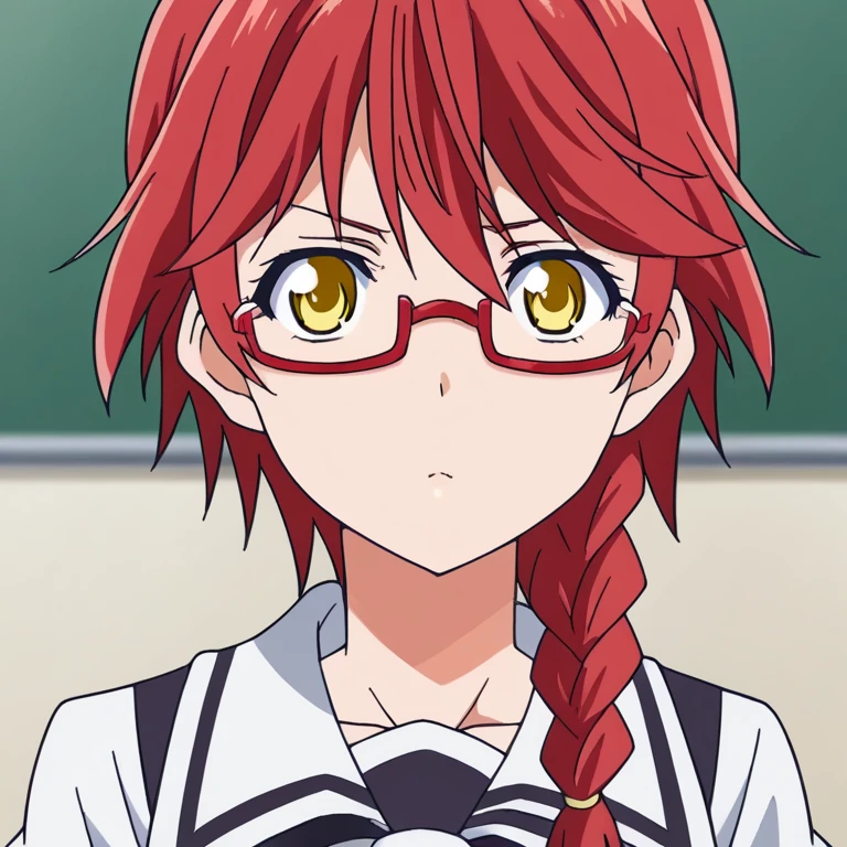  source_anime, hair braid, yellow eyes, red hair, at school, with glasses
solo icon 