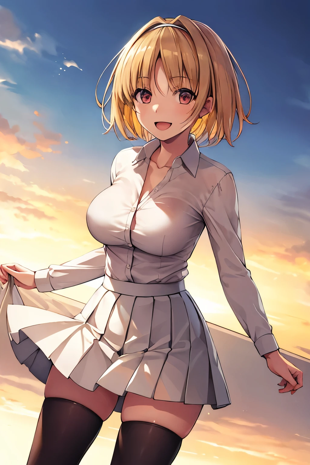 big , masterpiece, highest quality, High resolution, aakikyo, short hair, Hair Intake,Yellow Hair,White hair band, Collared shirt,Open shirt, Long sleeve, White Skirt, Pleated skirt, Black socks, Are standing, Outdoor, Straight, Arms at your sides, smile, Open your mouth,Hold the breasts with both hands