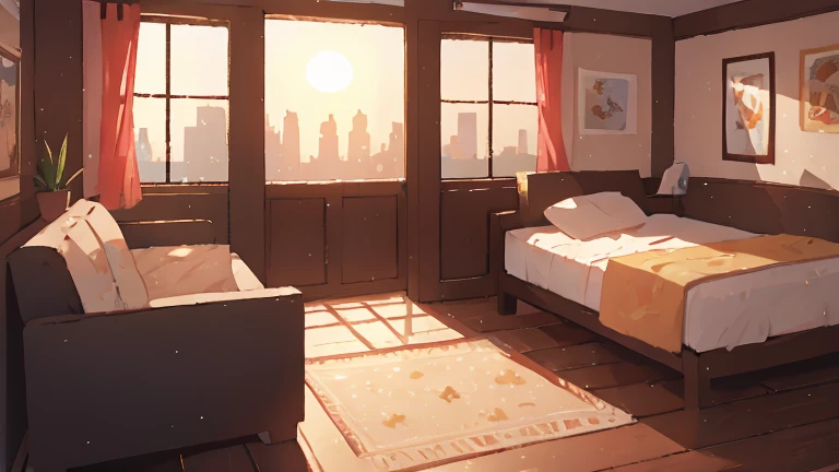 a beautiful bright cityscape with a cozy bedroom interior, early morning light, calm water reflections, cinematic lighting, serene atmosphere, high detail, photorealistic, 8k, masterpiece