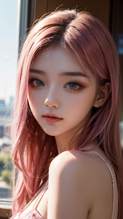 1 girl, more details in eyes,cute,looking at viewer, adorabel girl,cute face,details sky,pretty,young,juvenile,((masterpiece:1.4,best quality)),multiple details,pink hair,ornament hair, eyeshadow,, sfw,   
