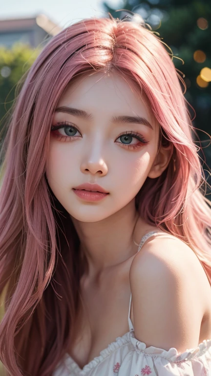 1 girl, more details in eyes,cute,looking at viewer, adorabel girl,cute face,details sky,pretty,young,juvenile,((masterpiece:1.4,best quality)),multiple details,pink hair,ornament hair, eyeshadow,, sfw,   