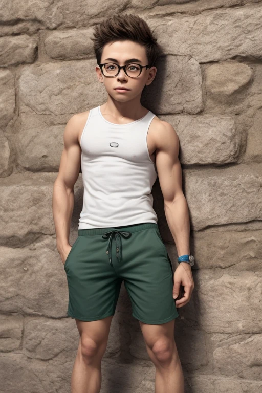 milo_thatch, tank top, pants, looking at the viewer, veiny arms, glasses, rock wall, realistic, 10 year old zangado na rua, roupa rasgada, sem camisa, shaved shorts, Serious expression, sujo, suado