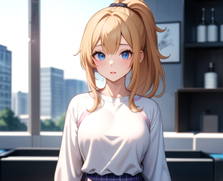 ((One girl)), beautiful,Blushing,Close your mouth,Glossy Lips,Abstract,  ((Anime style background)),gym, masterpiece, highest quality,とてもbeautiful, Absurd, up to date, Complex details, Pink long nails,AI-generated, Complex,High resolution, highest quality, super high quality,3D Images、View the viewers、3D Images,one person,Long Blonde Hair,High Ponytail,blue eyes,Anime girl posing for photo, [[Fine grain、Colorful eyes、Shining Eyes:1.15]],(Squint your eyes:1.1),a hyperRealistic , hyperRealistic , Realistic , blonde anime girl with long hair, Smooth anime CG art, beautifulアニメの女子高生,White long sleeve blouse,Blue checked skirt,Big blue chest ribbon, Brown Loafers,loose socks,Lace bra,High leg T-back,Earrings,(Large Breasts:1.3),Muscular,tall,Fine details,Abdominal muscles,Black Thong,(Leg spread),Shooting from an angle,