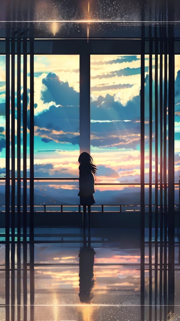 anime,silhouette,1girl, cloud, outdoors, skyscraper, city lights, blue sky, skyline,morning,waking,In nature,Mountain,Couple