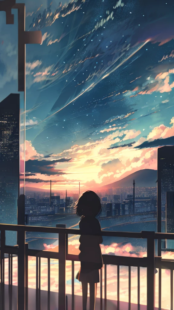 anime,silhouette,1girl, cloud, outdoors, skyscraper, city lights, blue sky, skyline,morning,waking,In nature,Mountain,Couple