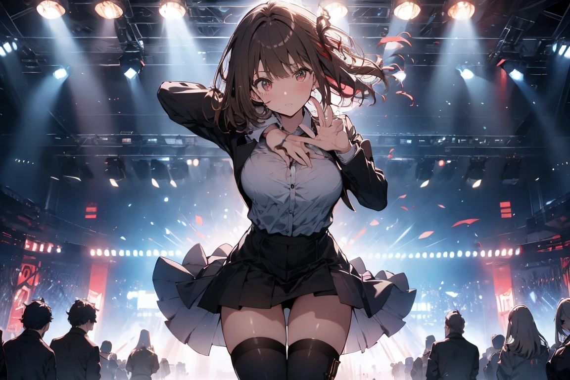 Brown Hair、Looking at the audience,bulging big breasts,Black mini skirt,vision,Small face　bangs ,beauty,vision 　Black boots 　Taunt　　　one person 　　　Dress shirt　　Panty shot　Put your hands behind your back　put your Put your hands behind your back your back　Clasp your hands behind your back　With your Put your hands behind your back your back　Armament　holster　