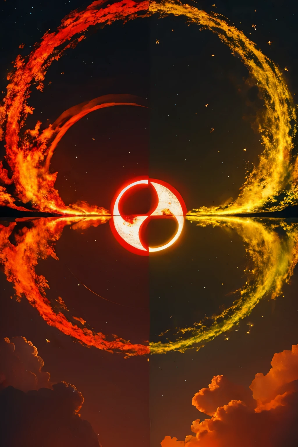 Painting, realistic, 8k, color, a greek shrine, rising fire in the sky, yin yang symbol on the roof