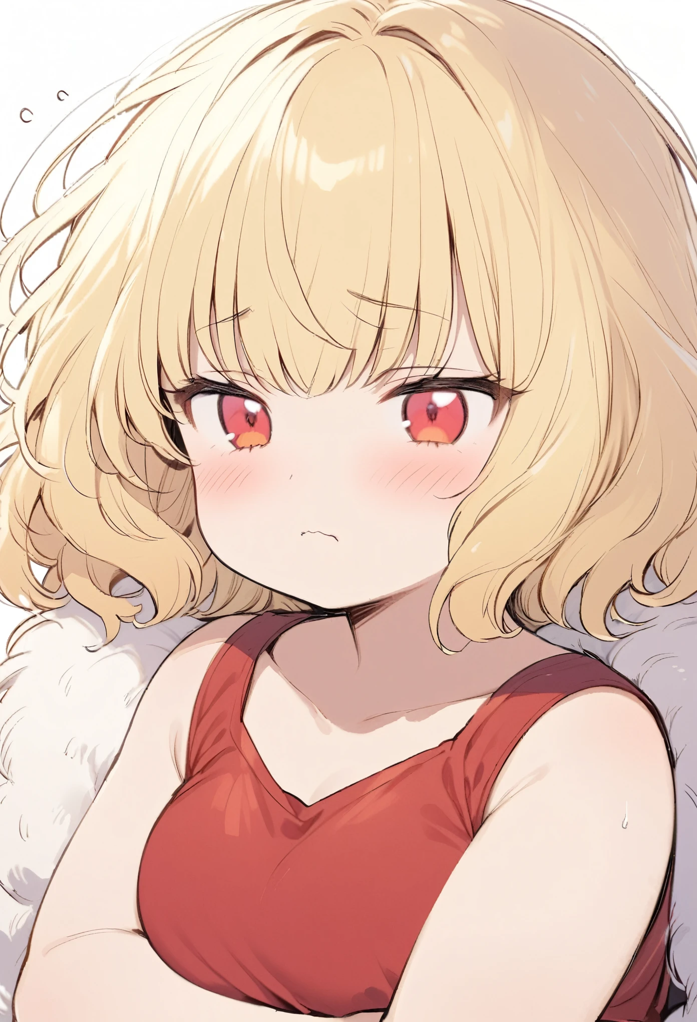 Fat Girl、Blonde、Bob Cut Hair、Fluffy hair、Permed hair、Red eyes、Sleepy face、Red Tank Top