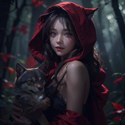 Standing in the forest、Hair flow、 ((highest quality、masterpiece、8k、Best image quality、Ultra-high resolution、Award-winning works)、(Accurate anatomy:1.1)、(Look at me and smile:1.1)、Shining fair skin with Ultra-high resolution、The most detailed face、Ultra-high resolution detailed face、Ultra-high resolutionの髪の毛、(Ultra-high resolution eye:1.1)、Beautiful face drawn in every detail、little red riding hood Costume , Chest to chest, Strange atmosphere, A real werewolf stares at her.., Dark Light, in the forest , Heavy makeup