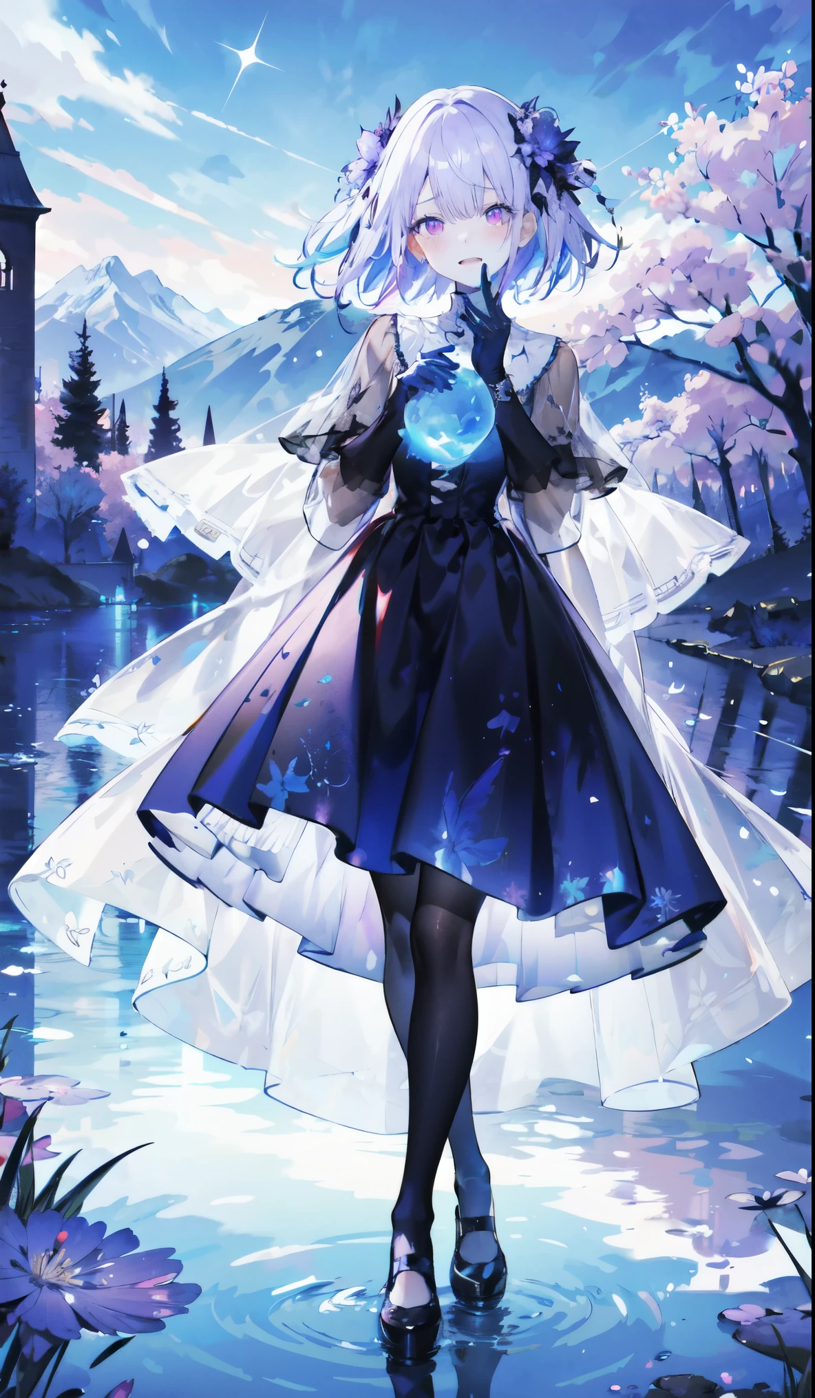 ((masterpiece:1.4,best quality)),(Super detailed),(Extremely detailed eyes),(Black leggings,Shiny socks:1.5),Hello Darkness
(Cute girls),,(Blood-red pupils,Diamond-shaped pupil:1.15),Purple Eyeshadow,(Elongated hair,Thick hair,shiny hair:1.5)(Variza:1.2),Fair skin,despair,Grief,Empty eyes,Tears streaming down my face,tilt head to one side,Kneel down
(She wears blue armor,A blue dress,:1.5),(blue gloves:1.4)Very long plush sleeves,White,White Cloud,Dream bubbles ,Ice and glitter effects
(Black long skirt:1.1),
(dawn:1.2),
(Intense black and white:1.16),(Depth of Field:1.4),,Intricate details,(Sky Castle,Standing on the lake,Purple flowers by the lake)
