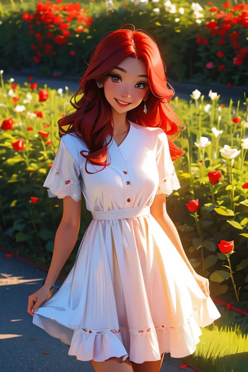 a red haired woman with red eyes and an hourglass figure in a cute summer dress is smiling in a rose garden