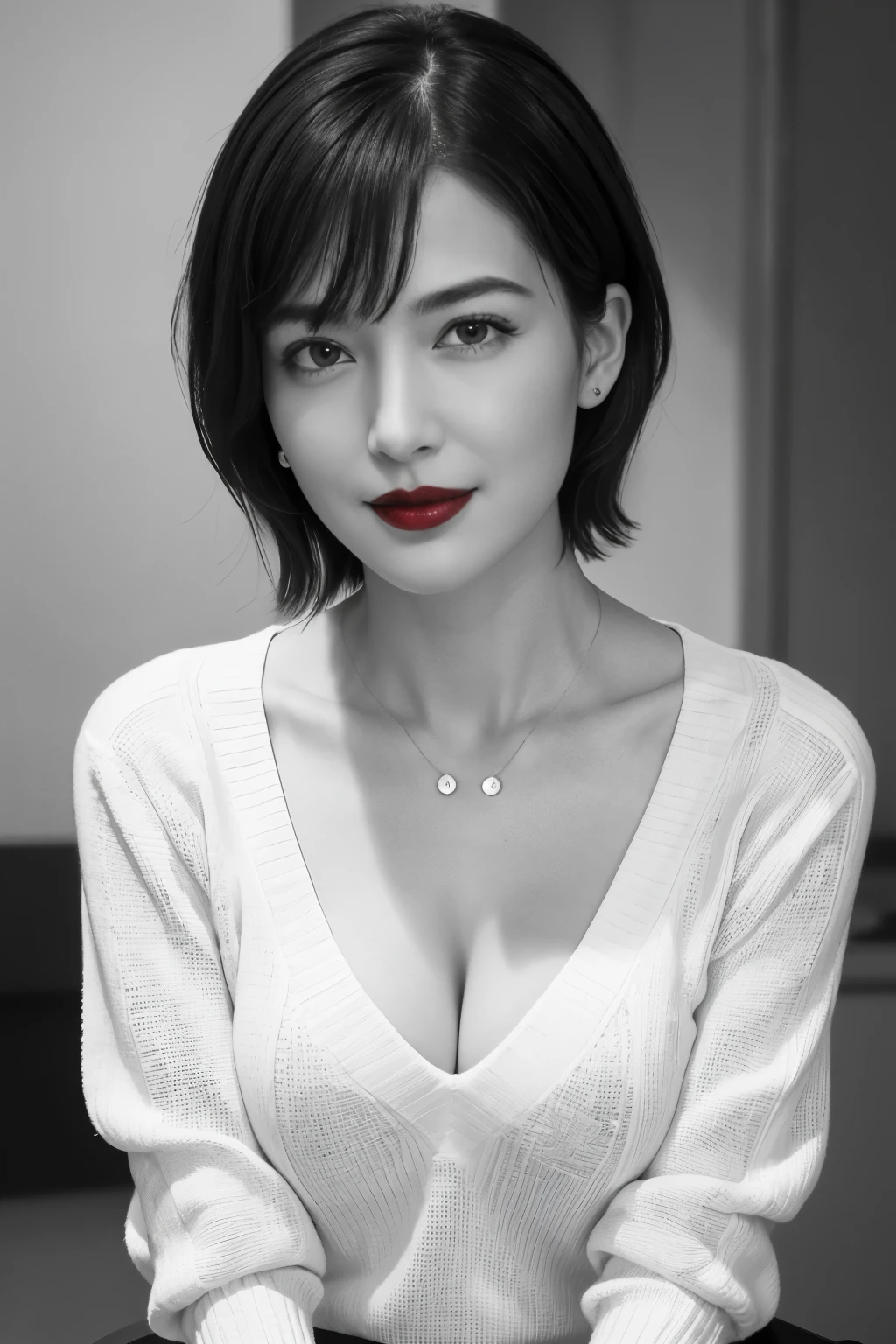 Tabletop, highest quality, Photorealistic, Very detailed, finely, High resolution, 8k wallpaper, RAW Photos, Professional, High level of detail, 1 girl, (((Black and white photography))), (((Red lips))), ((Looking at the camera)), (Look forward), Upper Body, short hair, Bob Hair, (Straight Hair), Shapely breasts, Cleavage, V-neck light knit sweater
