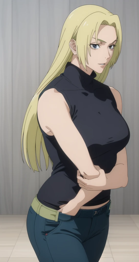 YukiTsukumo, 1girl, AS-Adult, blonde, long hair, female focus, solo, sleeveless turtleneck, facing viewer, ((abdomen visibal))),age 35 (((adult woman facecut))) medium blonde hair, full body view