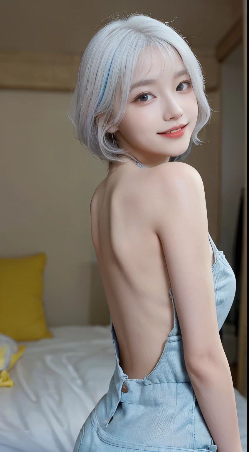 ((The 8k quality、proffesional、top-quality、masterpiece:1.3))、realisitic、Photorealsitic、portlate、Slender Abs:1.2、( Full body:1.4)、Very cute Japan person、Slender Abs:1.2、((flat chest:1.3、AA Cup、Skinny Beautiful Girl:1.2))、((fullnude:1.3))、(outside of house:1.4)、Shiny platinum blonde hair、Silky straight shorthair、Beautiful bangs、Delicate and beautiful 14 year old beautiful girl、slender style、Highly detailed facial and skin texture、Beautiful detailed eyes、 charming big eyes、Black eyes、beautiful detailed nose、Cinematic、 ornate detail、(Wearing an aura:1.5)、(Looks Back、Emphasis on the back、Take photos from behind)、Best Looks、earring beautiful、perfect hand、Smile with your mouth wide open