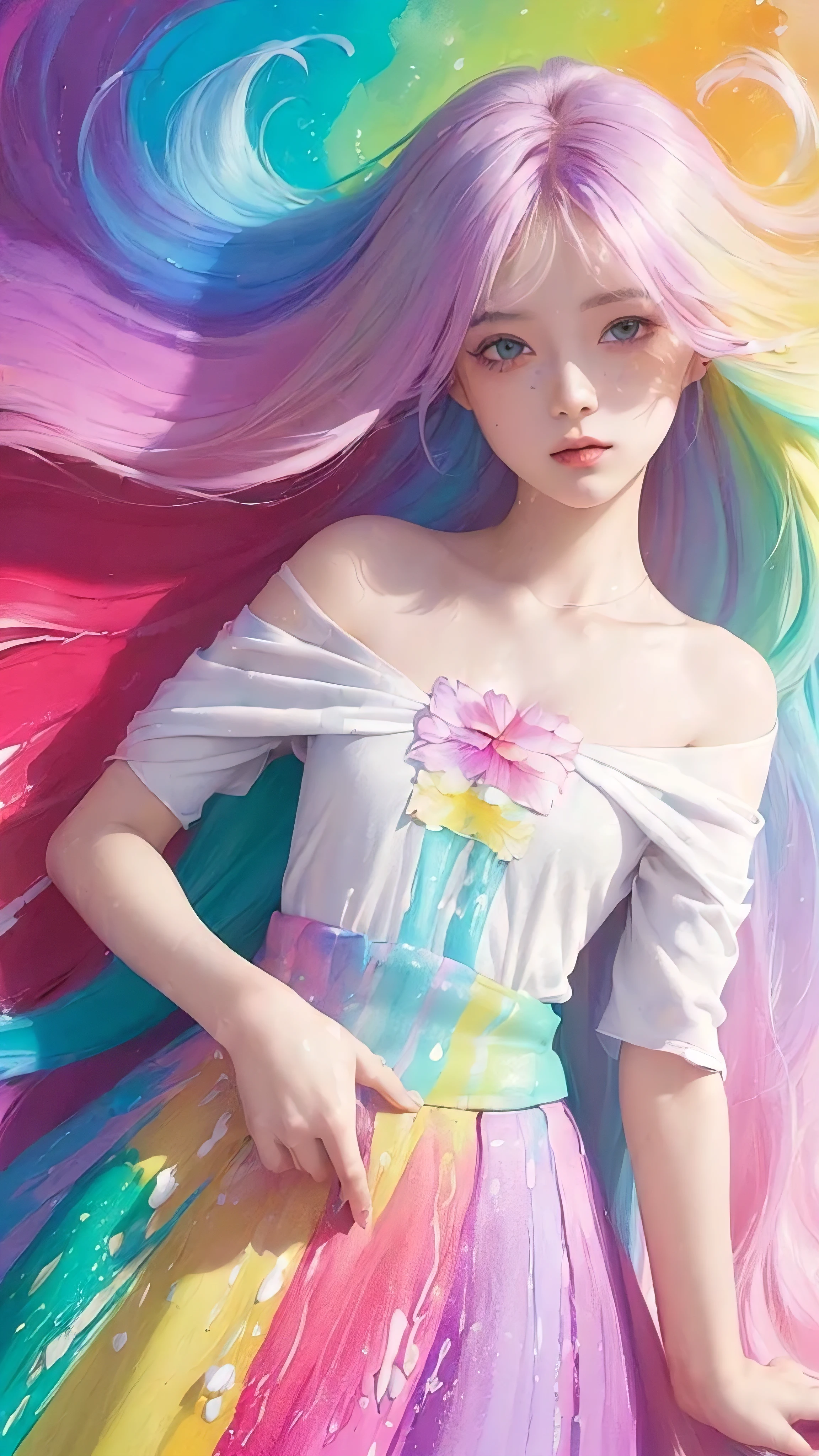 （Pink Fashion T-shirt：1.9），(Colorful hair: 1.8), (All the colors of the rainbow: 1.8),(((((vertical paintinging：1.6))), （paintinging：1.6），front, 漫painting, illustrations, paintingings, big eyes, crystal clear eyes,（ Rainbow gradient high ponytail：1.7）, Exquisite makeup, Shut up,(Small fresh: 1.5),(Wipe Chest: 1.6) ，Long eyelashes, White off-the-shoulder T-shirt,  White off-the-shoulder shirt，looking at the audience, big、watery eyes, (Rainbow Hair：1.6), Color flying splash, （Solitary：1.8）, Color flying splash, Color Explosion, thick painting style, messy lines, ((shining))，(rich and colorful), (rich and colorful), (rich and colorful), rich and colorful, Thick painting Style, (splash) (Color splash), Vertical paintinging, Upper Body, painting splash, Acrylic paint, slope, painting, Highest image quality, best quality, masterpiece, Solitary, Depth of Field, Face painting,  rich and colorful clothes, (elegant: 1.2), Gorgeous,long hair, wind, (elegant: 1.3), (petal: 1.4)，(((masterpiece))),(((best quality))),((Extremely detailed)),(illustration),(Dynamic Angle),((floating)),(painting),((disheveled hair)),(Solitary),(1 Girl) , (((Delicate anima face))),((Beautiful and delicate face)),collar,Bare shoulders,white hair, ((rich and colorful hair)),((Striped hair)),Beautiful and delicate eyes,(slope color eyes),(((rich and colorful eyes))),(((rich and colorful background))),(((High saturation))),(((surrounded by rich and colorful splashes))),