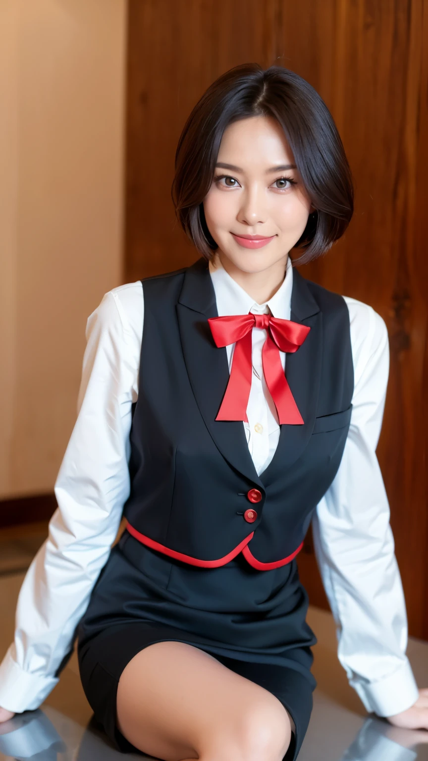 最high quality, In 8K, Masseter region, Vibrant, Sharp focus, high quality, High resolution, Detailed face, fine grain, Thick lips, (Looking at the audience), alone, Beautiful woman, 38 years old, Japanese women, (Short black hair:1.4)、(Bob Hair:1.4), Cleavage, Lunch break、Cutting-edge company headquarterodern building lobby、Large reception counter、(sitting behind the counter:1.3)、(Upper body photo:1)、(Japanese women)、(Mitsubishi Bank uniform:1.8), (wearing a dark 青 vest over a white blouse:1.5), The vest has three gold buttons, (Red, blue and white ribbon around his neck:1.6)、(Knee-length dark blue skirt)、(Black pumps:1.5)、(Red lipstick:1)、(smile:1.3)、(standard body type)、(D cup breasts)