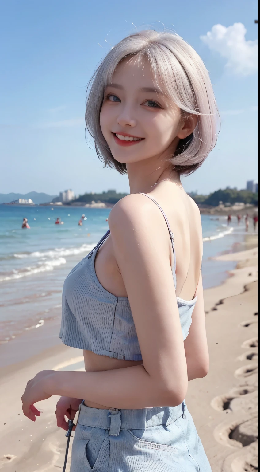 Best image quality、RAW Photos、超A high resolution、21 years old Korean、Small breasts、Dynamic Angle、Cowboy Shot、Chaos in its most beautiful form、elegant、Brutalist Design、Vibrant colors、Beautiful white hair、Short Bob、smile、fun、smile、Glowing White Skin、Beautiful eyes with random colors、Very thin lips、Beautiful eyes in every detail、length, Narrow eyes、Cheeks are pale pink、length eyelashes、Beautiful double eyelids、eye shadow、Bright white hair、Crop top、Overalls、Sandy Beach、back、turn around