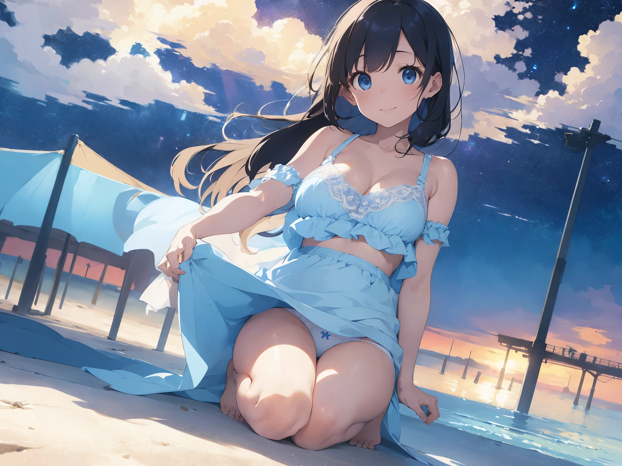 A cute light blue dress、barefoot、Her breasts were pressed together、Showing off her cute white underwear、Sitting on the ground with her legs spread to show off her underwear、Beach night sky