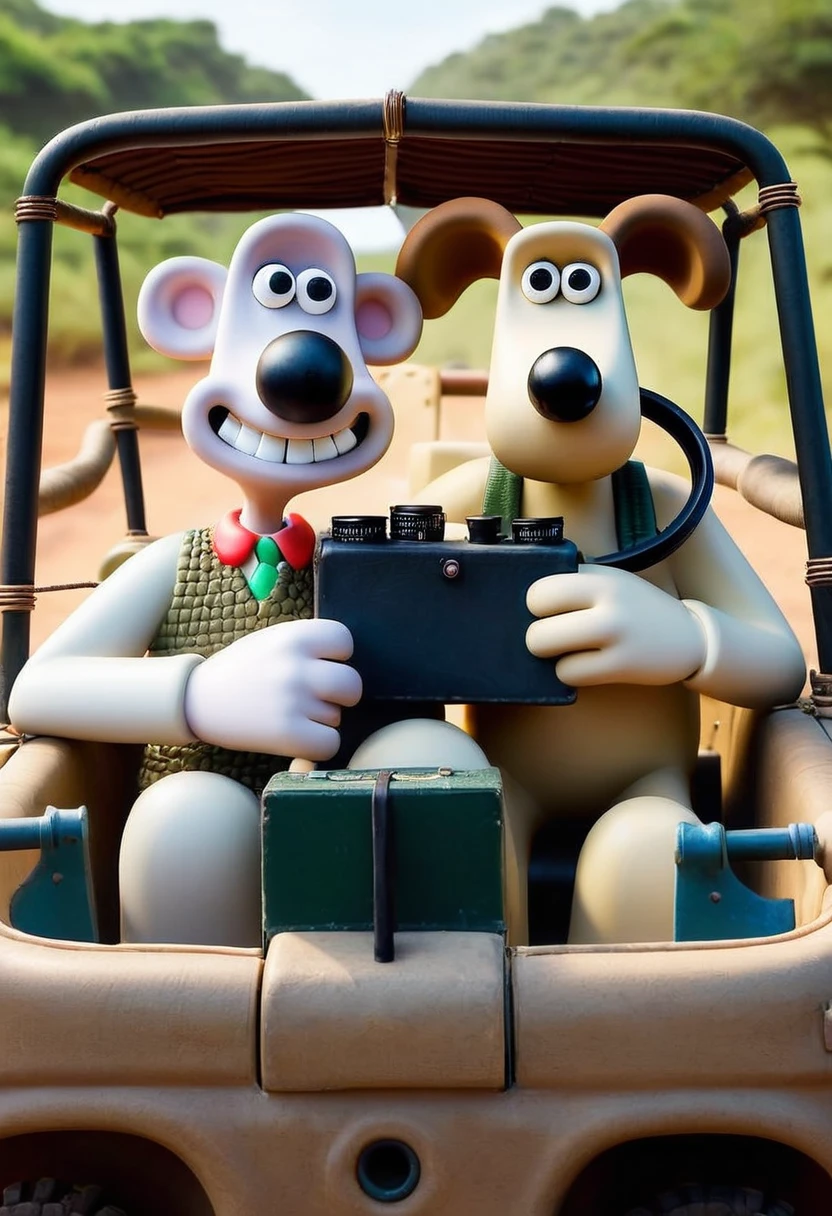 wallandgrom, friends, 1boy looking at viewer, 3d \(artwork\), Wallace and Gromit embark on a wild safari adventure across the savannah plains of Africa, armed with nothing but their trusty jeep and a keen sense of curiosity. With Wallace at the wheel, sporting a safari hat and binoculars, they traverse rugged terrain in search of exotic wildlife and thrilling encounters. From playful encounters with mischievous monkeys to heart-pounding chases with majestic lions, each moment is filled with laughter, excitement, and the unmistakable bond between pals. As they navigate the untamed wilderness, Wallace's whimsical inventions and Gromit's steadfast determination prove to be the perfect combination for navigating the wilds of Africa in style. Together, they create memories that will last a lifetime, proving that even the wildest adventures are best shared with a loyal friend by your side