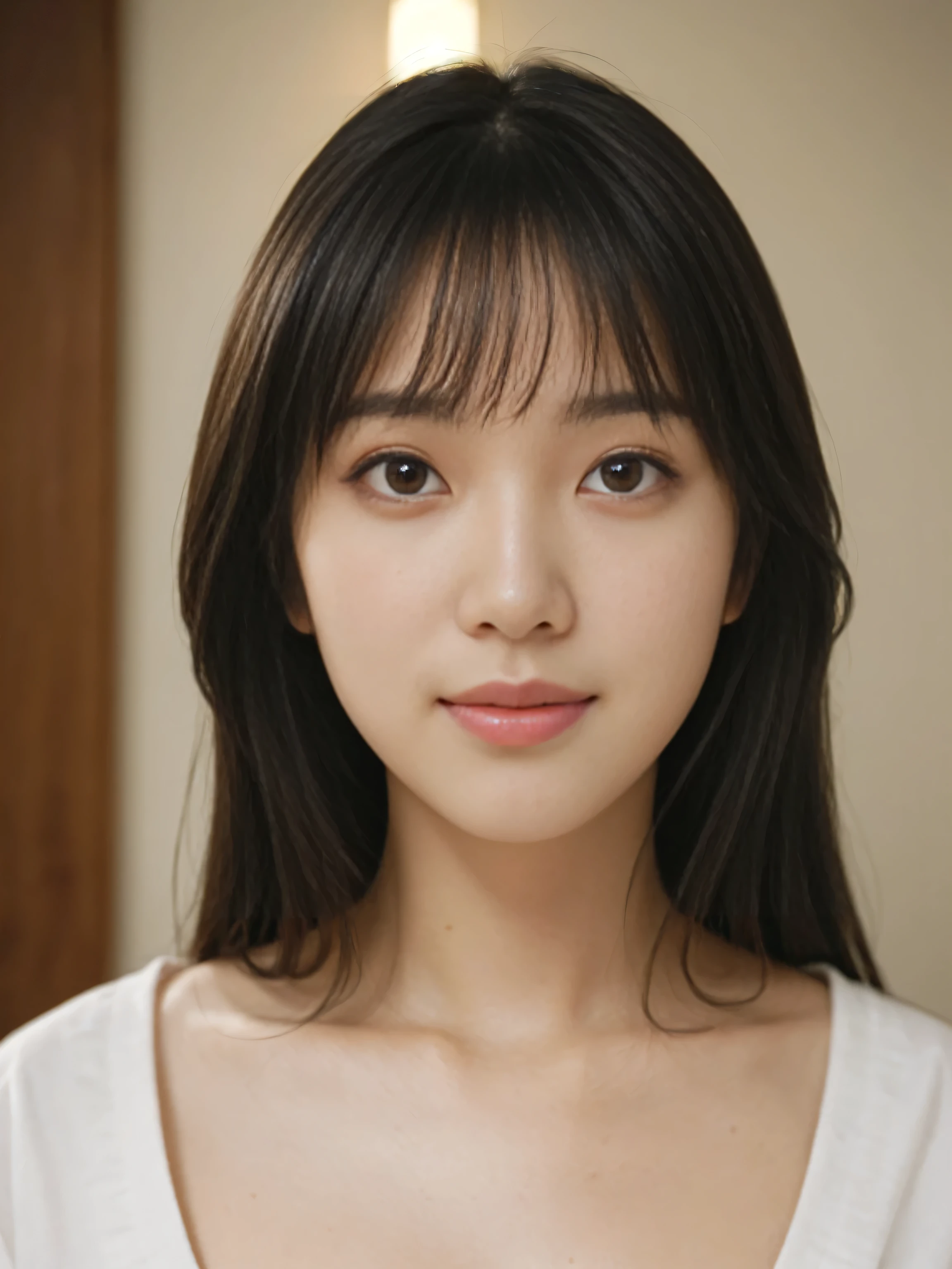 Best Quality, masutepiece, Ultra High Resolution, (Realistic: 1.4), Original photo, Wallpaper, Head Photo, skin, Simple background, Black eyes, detail, Selfie, 1 girl, 18 years old, Breeze, Sunshine, crass room, question,