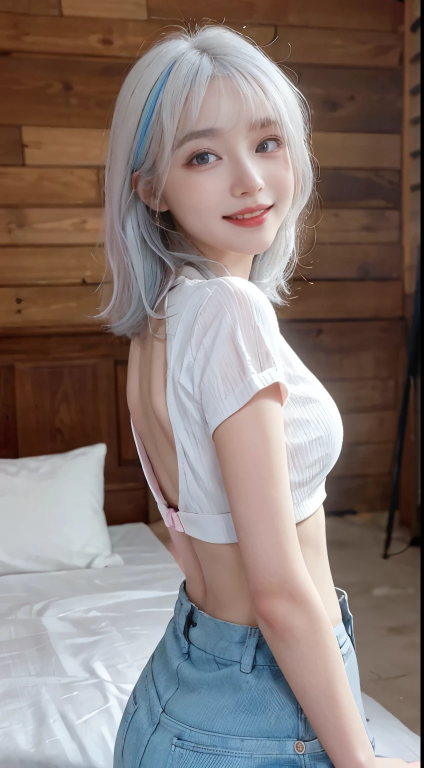 Best image quality、RAW Photos、超A high resolution、21 years old Korean、Small breasts、Dynamic Angle、Cowboy Shot、Chaos in its most beautiful form、elegant、Brutalist Design、Vibrant colors、Beautiful white hair、Short Bob、smile、fun、smile、Glowing White Skin、Beautiful eyes with random colors、Very thin lips、Beautiful eyes in every detail、length, Narrow eyes、Cheeks are pale pink、length eyelashes、Beautiful double eyelids、eye shadow、Bright white hair、Crop top、Overalls、Sandy Beach、back、turn around