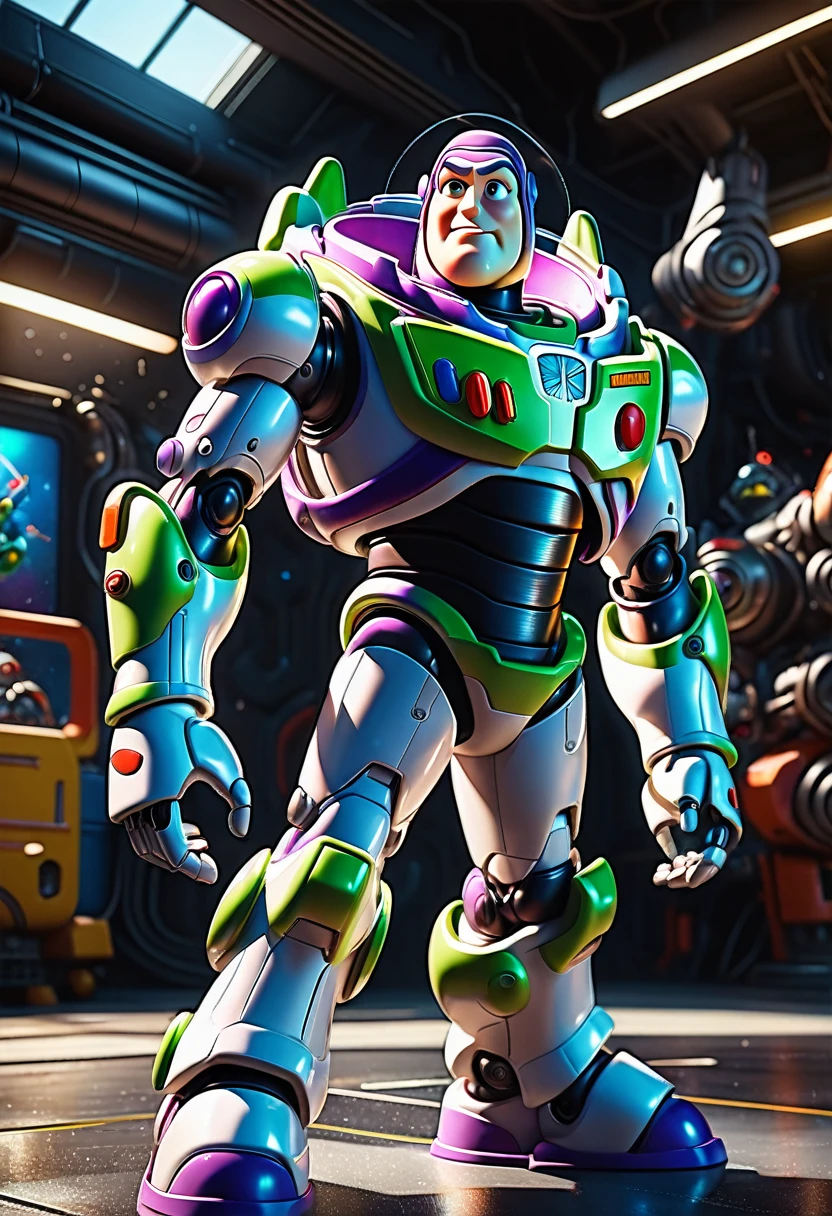 Buzz Lightyear, a highly detailed 3d render of buzz lightyear, incredibly realistic, hyperrealistic, 8k, 4k, extremely intricate details, dynamic lighting, cinematic camera angle, metallic textures, glossy paint, shiny plastic, vibrant colors, complex machinery, futuristic design, dramatic pose, heroic expression