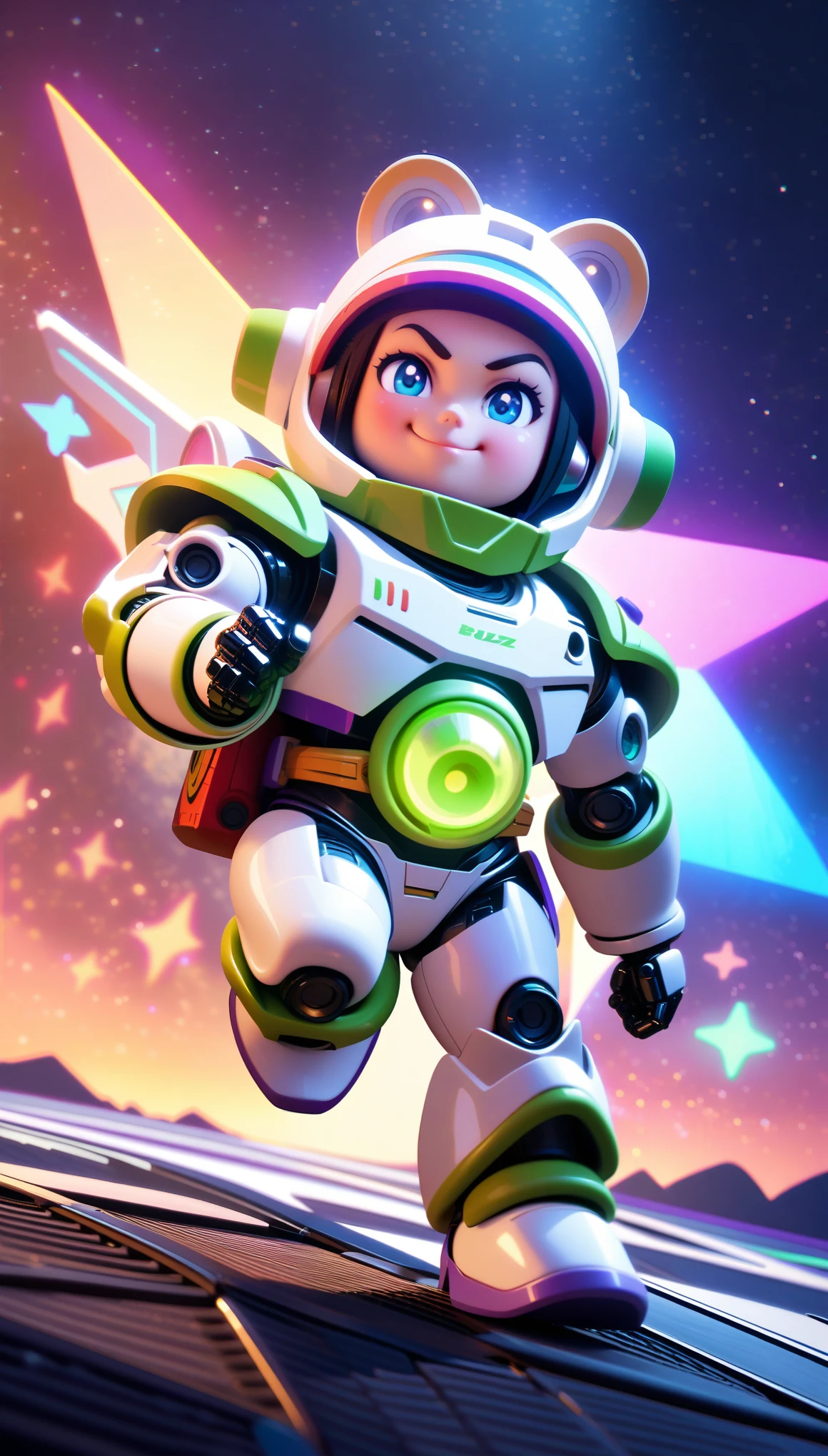 a chibi buzz lightyear, extremely detailed, cute and adorable, confident smile, small stature, toy-like appearance, bright and vibrant colors, anime style, cute, dynamic pose, metallic armor, glowing jetpack, realistic lighting, award winning digital art