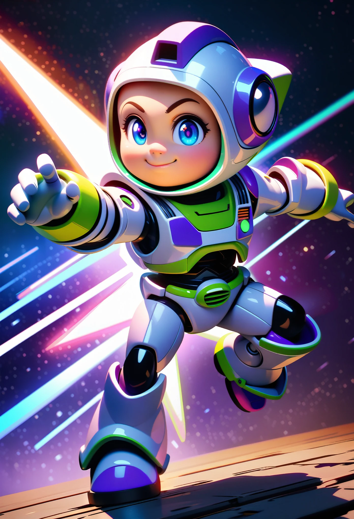 a chibi buzz lightyear, extremely detailed, cute and adorable, confident smile, small stature, toy-like appearance, bright and vibrant colors, anime style, cute, dynamic pose, metallic armor, glowing jetpack, realistic lighting, award winning digital art