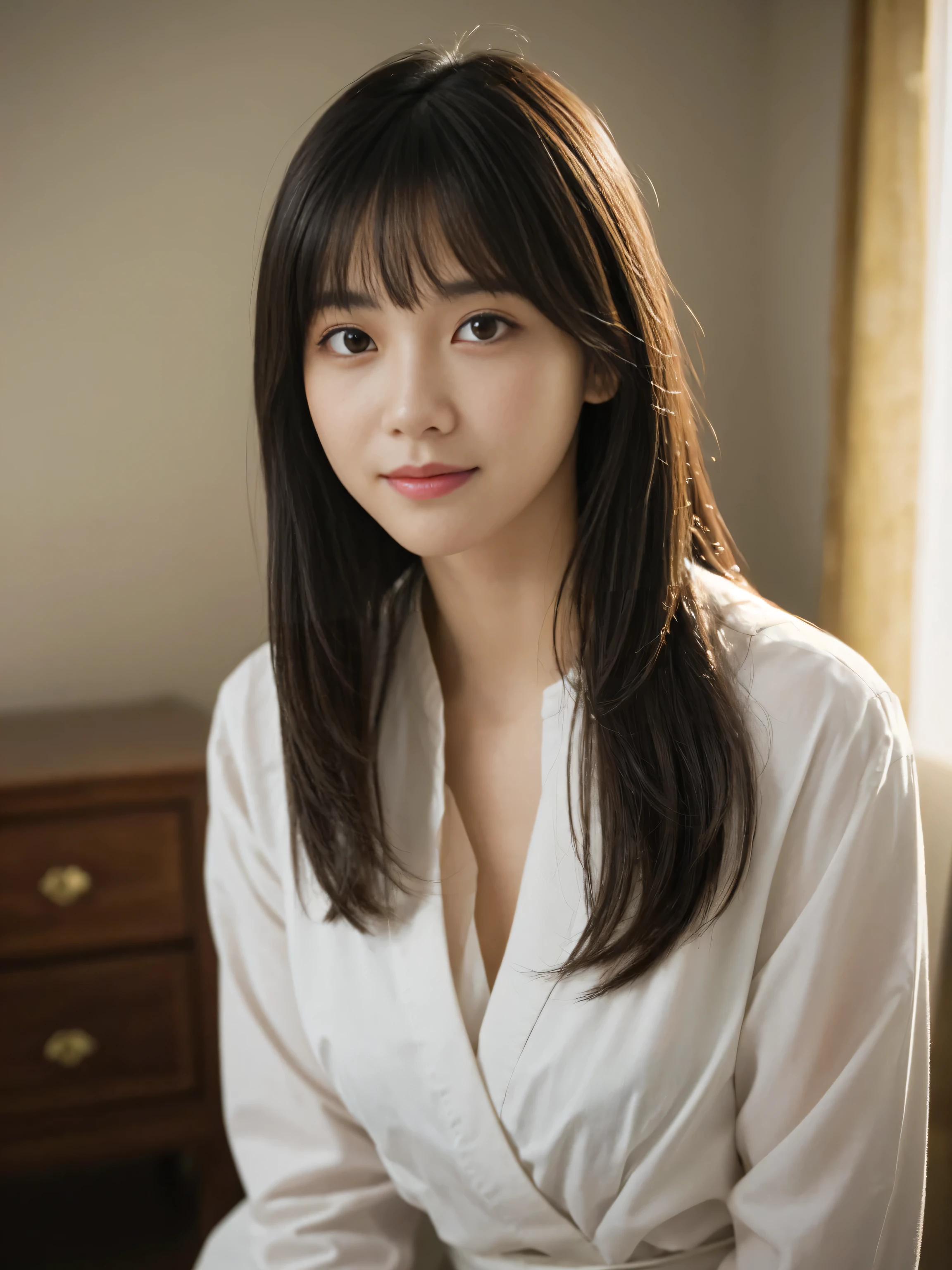 masterpiece, best picture quality, high quality, beautiful girl, Japanese, Japanese school girl, detailed, detailed eyes, detailed skin, beautiful skin, ultra high resolution, (reality: 1.4), very beautiful, slightly younger face, beautiful skin, slender, (ultra realistic), (illustration), (high resolution), (8K), (highly detailed), (best illustration), (beautifully detailed eyes), (super detailed), (wallpaper), (detailed face), looking at viewer, fine details, detailed face, smiling, looking straight ahead, angle from waist up, realistic photo, bright lighting, professional lighting, long hair, mature woman, long stylish bangs, bedroom,