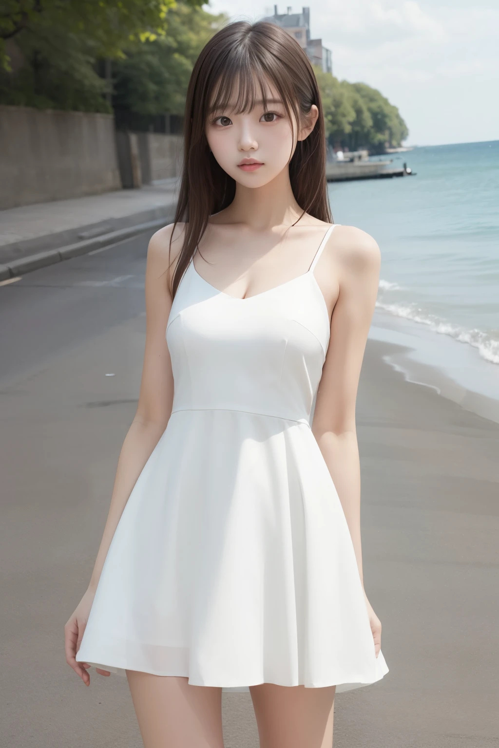 1girl,highres,  high quality,  masterpiece,  bare shoulder, white dress, breakwater, dyke, slit