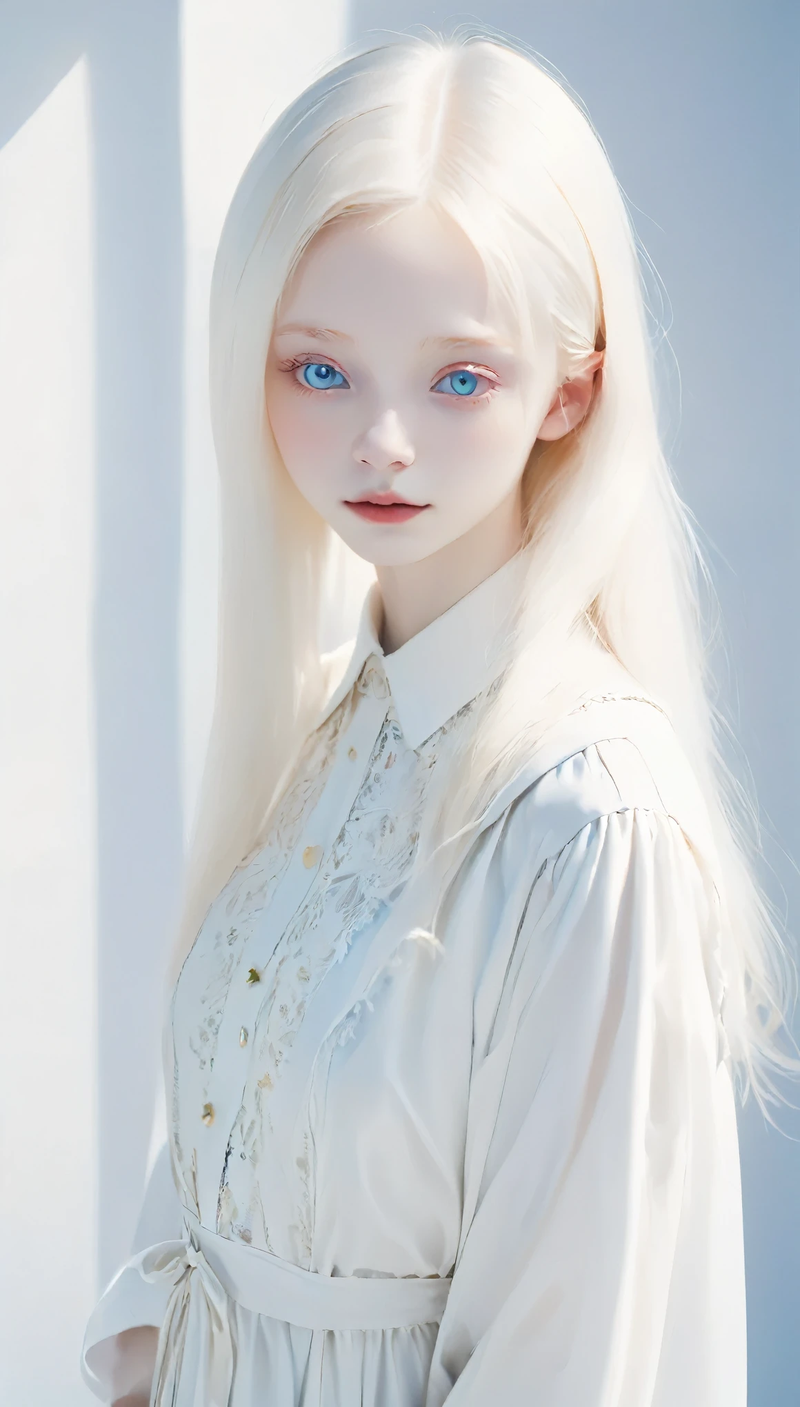 (((White Background:1.3)))、(((1 albino girl、Cute Face、pretty girl))), ,(((The eyes are white:1.3)))、White Dress、((White shirt:1.3、White Block Dress)), Tyndall effect, Realistic, Shadow Studio,ultramarine、illumination, Dual tone illumination, (Skin with attention to detail: 1.2)、薄Dark illumination、Dark illumination、 photograph, High resolution, 4K, 8k, Background Blur,Beautiful fade out、White world、White Background