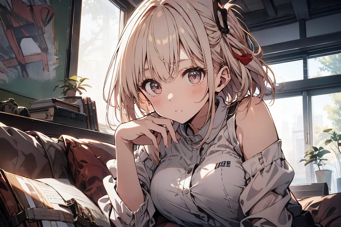 (masterpiece)、非常にdetailedな、highest quality、Beautifully drawn、超detailedな、8K High Resolution、Wearing a mini white shirt、Mini Shorts、Expose your shoulders、Take off your shirt and get naked、Moe、Perfect slim sporty body、Perfect breasts、 View your viewers、Zoom out the whole body、In the living room、POV body lying on sofa bed、Very shy、feel like cry、detailed:-1、detailed:0、detailed:0.5、detailed:1、detailed:1.5、detailed:-1、detailed:0、detailed:0.5、detailed:1、detailed:1.5、