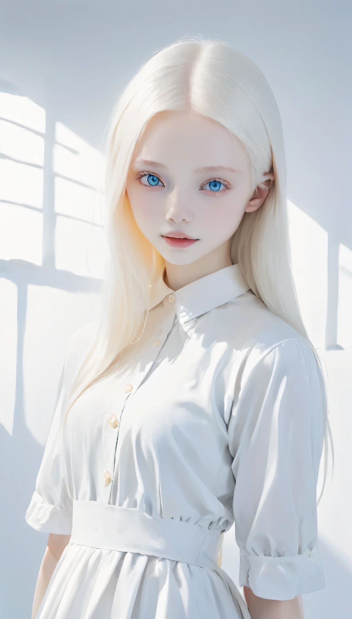 (((White Background:1.3)))、(((1 albino girl、Cute Face、pretty girl))), ,(((The eyes are white:1.3)))、White Dress、((White shirt:1.3、White Block Dress)), Tyndall effect, Realistic, Shadow Studio,ultramarine、illumination, Dual tone illumination, (Skin with attention to detail: 1.2)、薄Dark illumination、Dark illumination、 photograph, High resolution, 4K, 8k, Background Blur,Beautiful fade out、White world、White Background