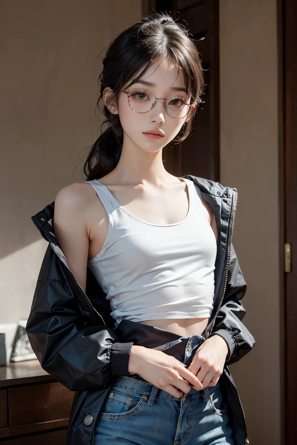 masterpiece, best quality, best quality, masterpiece, High resolution, focus, Anime style, Exquisite facial features,A young man who is 170cm tall,Slender and tall,There is a thin layer of muscle。Very thin waist,Flat chest,Prominent clavicle,Long straight black hair like satin,up to the waist,Often tied into a low ponytail,Black pupil,The eyes are bright and alert,Long lower eyelashes,Wearing gold-rimmed glasses,Gentle and gentle appearance,Skin is fair and rosy。Very strong ability to work,But in private, I tend to be shy and introverted。His black hair and eyes make him mysterious.。Always think carefully when speaking,Requires others to take the initiative。Wearing a white shirt、long windbreaker,Revealing a bit of delicate clavicle。Gentle expression。