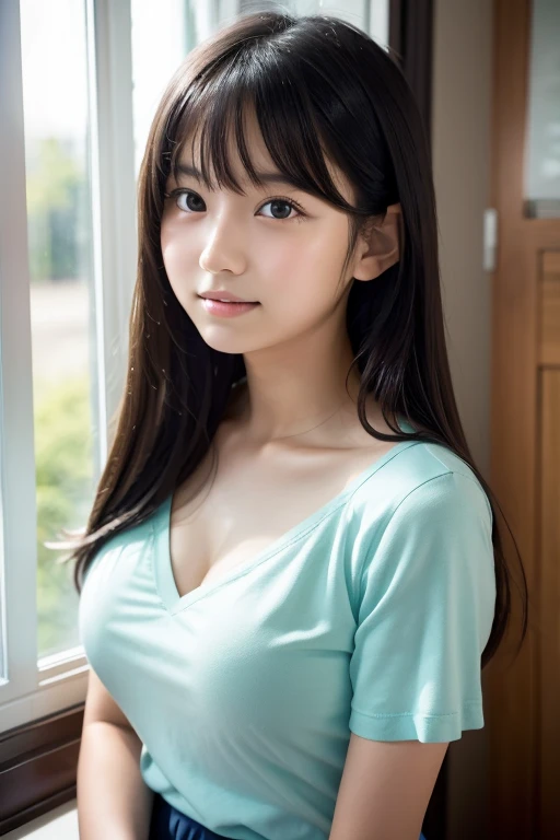 high schoolng out the window,A junior high school s wearing a Vshort-sleeved tight knit,14 years old,Big breasts,Black Hr,(masterpiece:1.4),(highest quality:1.4),Chest close up,Yoshitomo Nara,mayuri shiina, Beautiful Japanese girl face,Beautiful Asian Girl, yasumoto oka,Shooting from the side,room