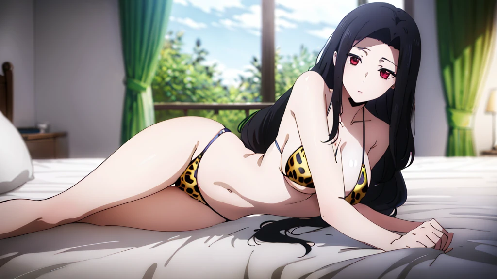 (masterpiece, 4K, highest quality, anime style: 1.9, Detailed face, Lovely, Bold Line, High resolution, anime, alone, Curvaceous, Thighs, Cleavage, Center of chest, Very slim belly, Cowboy Shot,Leopard print bikini,1 girl、Red eyes, , Black Hair, Long Hair, Wavy Hair, Curtain-like bangs,Lie,lie down