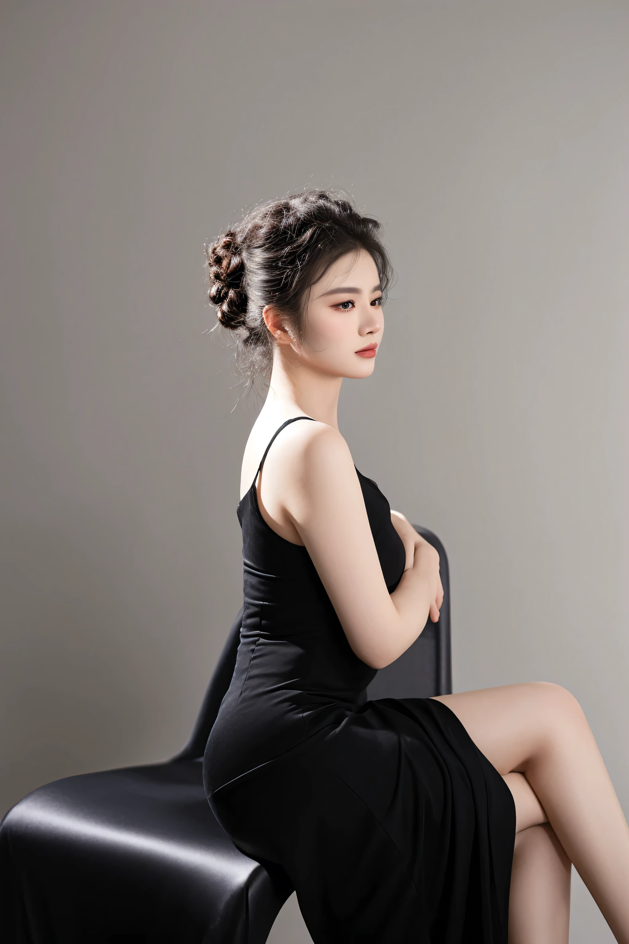 araffe woman in a black dress sitting on a chair, song nan li, portrait image, inspired by Tang Yifen, inspired by Liu Haisu, mai anh tran, yun ling, qiu fang, an asian woman, in profile, an elegant woman in black dress, wu liu, elegant profile pose, in style of lam manh, chinese woman