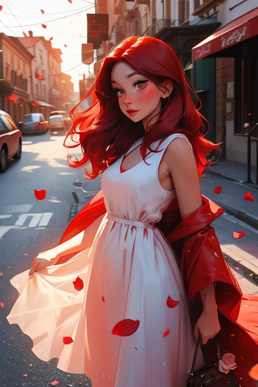 a red haired woman with red eyes and an hourglass figure in a cute summer dress is blushing in a flurry of rose petals