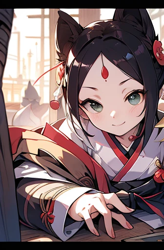 1fille, Seulement, japanese clothing, Cheveux courts, arme, sword, yeux marrons, regarder le spectateur, kimono, cheveux bruns, lips, main sur la hanche, gaine, SOURIRE, katana, Cheveux noirs, haut du corps, closed mouth, gaineed, lever la main