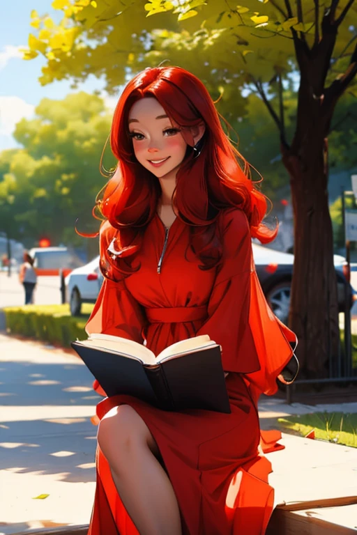a red haired woman with red eyes and an hourglass figure in a cute summer dress is smiling while reading at the park
