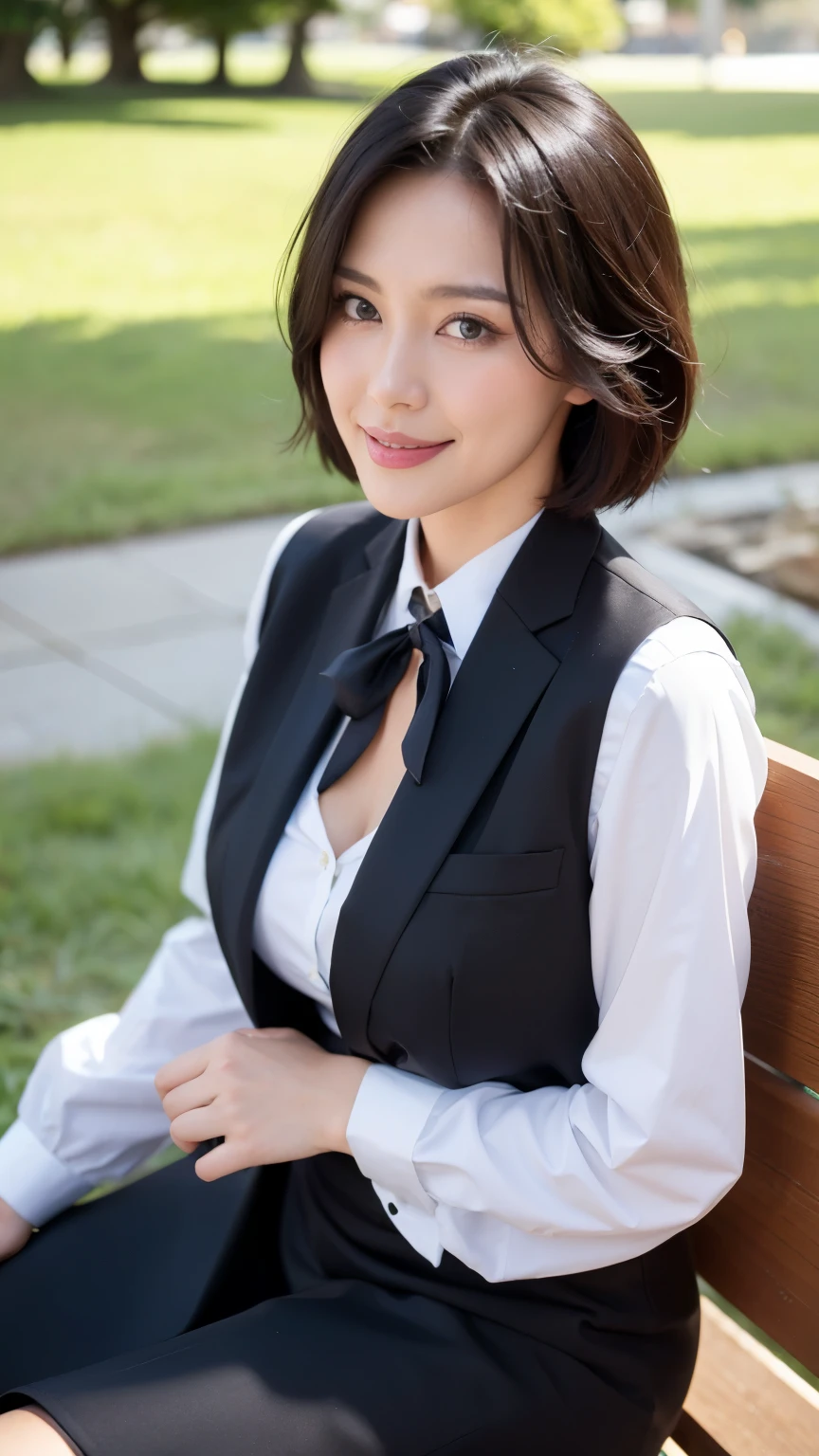 最high quality, In 8K, Masseter region, Vibrant, Sharp focus, high quality, High resolution, Detailed face, fine grain, Thick lips, (Looking at the audience), alone, Beautiful woman, 38 years old, Japanese women, （Short black hair:1.4）、（Bob Hair:1.4）, Cleavage, Lunch break、Large city park、Green Grass、In front of a big fountain、（sitting on a park bench:1.3）、（Full body photo:1）、（Japanese women）、（Mitsubishi Bank uniform:1.8）, （wearing a dark 青 vest over a white blouse:1.5）, The vest has three gold buttons, （A red, blue, and white ribbon tie is worn around the neck.）、（Knee-length dark blue skirt）、（Black pumps:1.5）、（Red lipstick:1）、（smile:1.3）、（standard body type）、（D cup breasts）