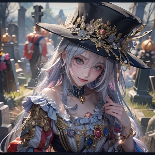 Standing in the grave、Hair Flow、 ((Highest quality、masterpiece、8k、Best image quality、Ultra-high resolution、Award-winning works)、(Accurate anatomy:1.1)、(Look at me and smile:1.1)、Shining fair skin with Ultra-high resolution、The most detailed face、Ultra-high resolution detailed face、Ultra-high resolutionの髪の毛、(Ultra-high resolution eye:1.1)、Beautiful face drawn in every detail、Cheerful clown costume, Chest to chest,  Strange atmosphere, Ghosts flow, Dark Light, At the cemetery, Heavy makeup 