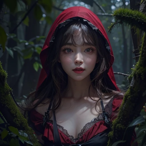 Standing in the forest、Hair flow、 ((highest quality、masterpiece、8k、Best image quality、Ultra-high resolution、Award-winning works)、(Accurate anatomy:1.1)、(Look at me and smile:1.1)、Shining fair skin with Ultra-high resolution、The most detailed face、Ultra-high resolution detailed face、Ultra-high resolutionの髪の毛、(Ultra-high resolution eye:1.1)、Beautiful face drawn in every detail、little red riding hood Costume , Chest to chest, Strange atmosphere, A real werewolf stares at her.., Dark Light, in the forest , Heavy makeup