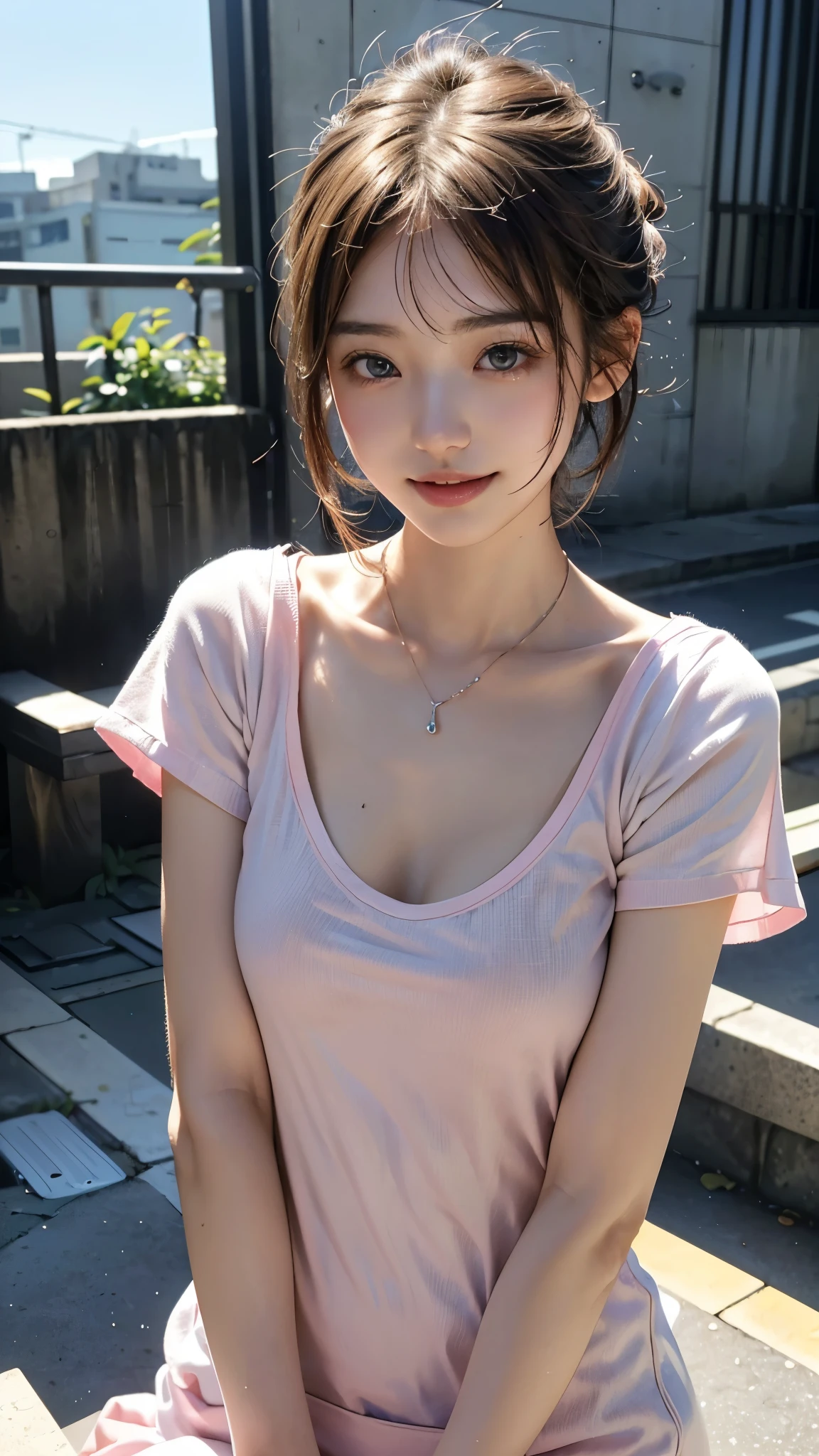 (highest quality、8k、32k、masterpiece、Hmph:1.45)、Cute Japanese Women Photos、Soft looking breasts、No bra、Ample breasts,((On the roof of a building in Minato Mirai))、((Passion pink short cut))、Face Focus、White T-shirt、necklace、From above、Looking at the audience、((I'm showing my teeth and smiling))、Dynamic Shadows、blonde、Wet shiny hair、Shine, Watery eye、