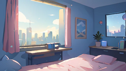 landscape、Bedroom、light blue、bright、City