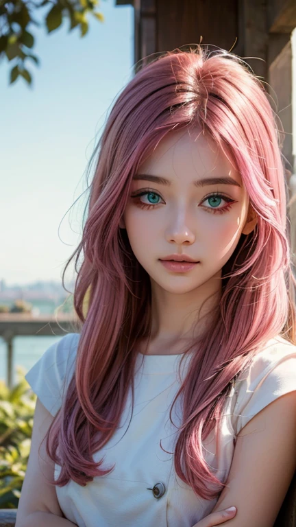 1 girl, more details in eyes,green eye, cute,looking at viewer, adorabel girl,cute face,details sky,pretty,young,juvenile,((masterpiece:1.4,best quality)),multiple details,pink hair,ornament hair, eyeshadow,, sfw,   