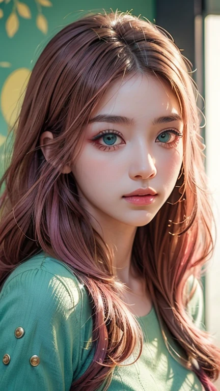 1 girl, more details in eyes,green eye, cute,looking at viewer, adorabel girl,cute face,details sky,pretty,young,juvenile,((masterpiece:1.4,best quality)),multiple details,pink hair,ornament hair, eyeshadow,, sfw,   