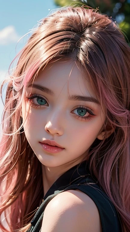 1 girl, more details in eyes,green eye, cute,looking at viewer, adorabel girl,cute face,details sky,pretty,young,juvenile,((masterpiece:1.4,best quality)),multiple details,pink hair,ornament hair, eyeshadow,, sfw,   