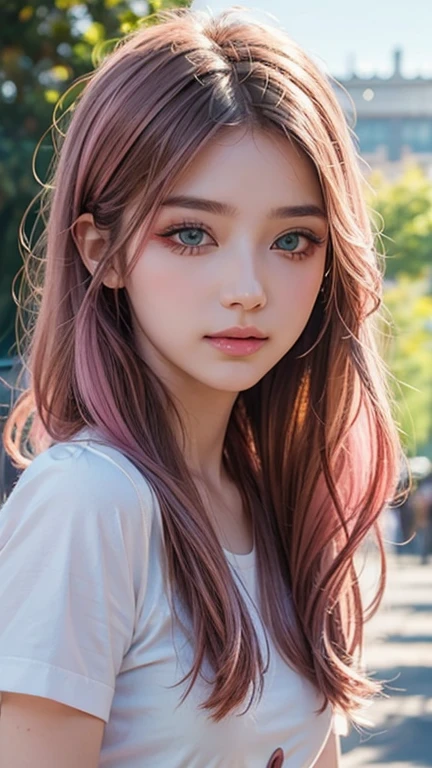 1 girl, more details in eyes,green eye, cute,looking at viewer, adorabel girl,cute face,details sky,pretty,young,juvenile,((masterpiece:1.4,best quality)),multiple details,pink hair,ornament hair, eyeshadow,, sfw,   